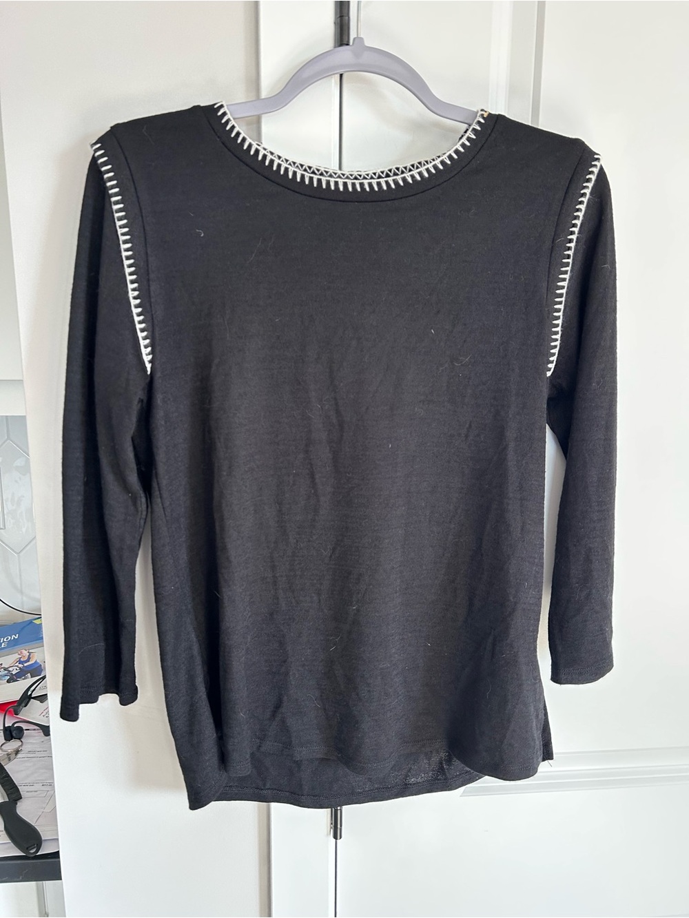 NWT Bobeau Black Knit Long Sleeve Top White Details Sweater Casual Minimalist